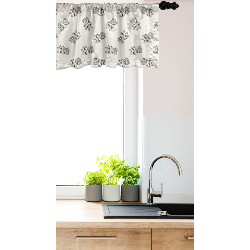 Eggshell and Grey Satin Polyester Cat Print Valance Set
