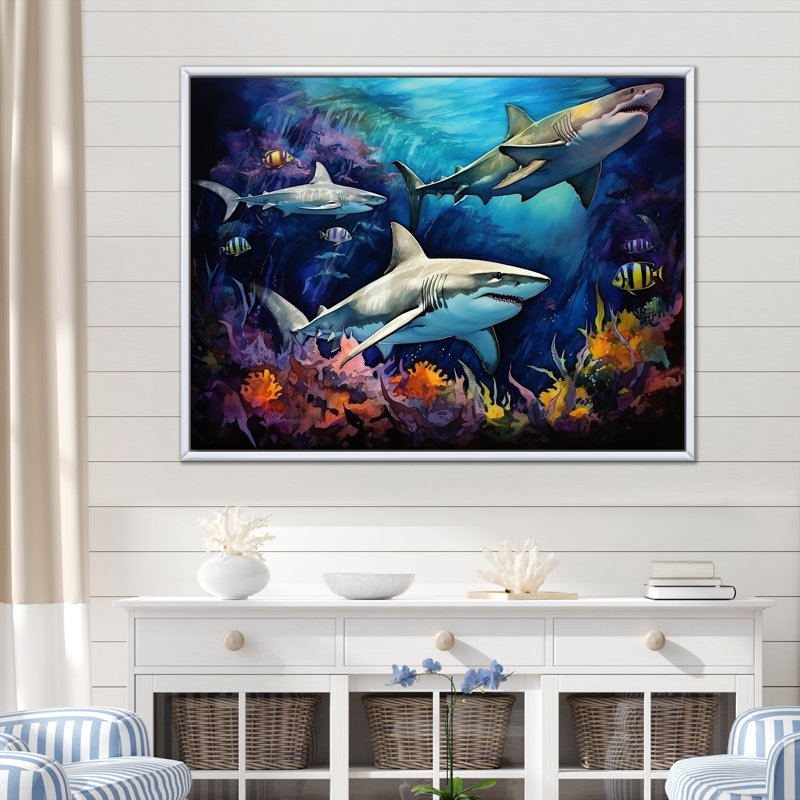 Shark Haven Under Water Painting - Shark Wall Art, 24" H x 32" W x 1" D, White Floater Framed