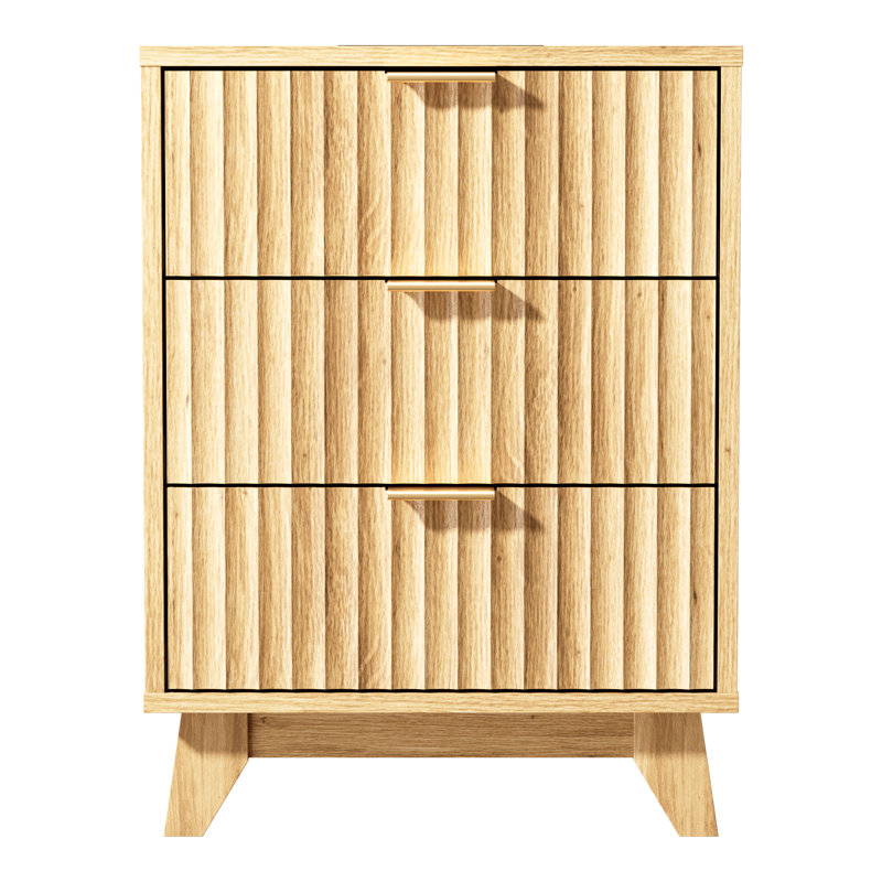 17.72 Inch 3 Drawer Grid Pattern Vredenburgh With US Standard Power Outlets, Oak