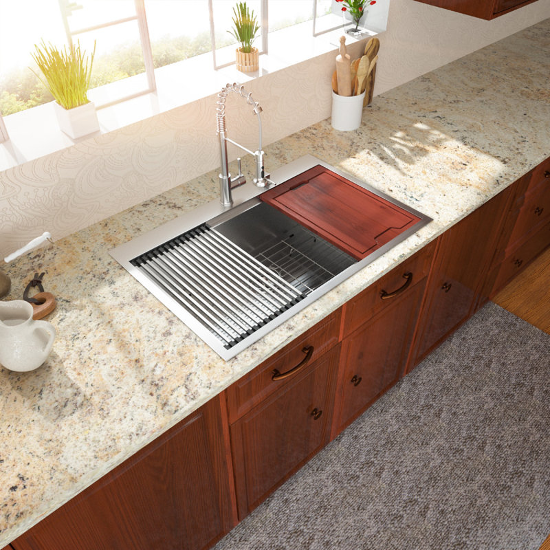 Workstation Farmhouse Right Angle Drop-In Kitchen Sink With Accessories, 28" L x 22" W 