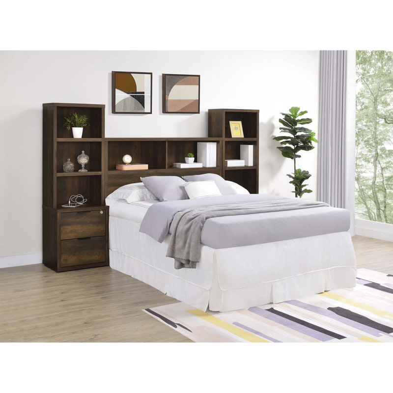 Geary Mango 3-Piece Full Bedroom Set With Bookcase Headboard, Lit double, Marron foncé