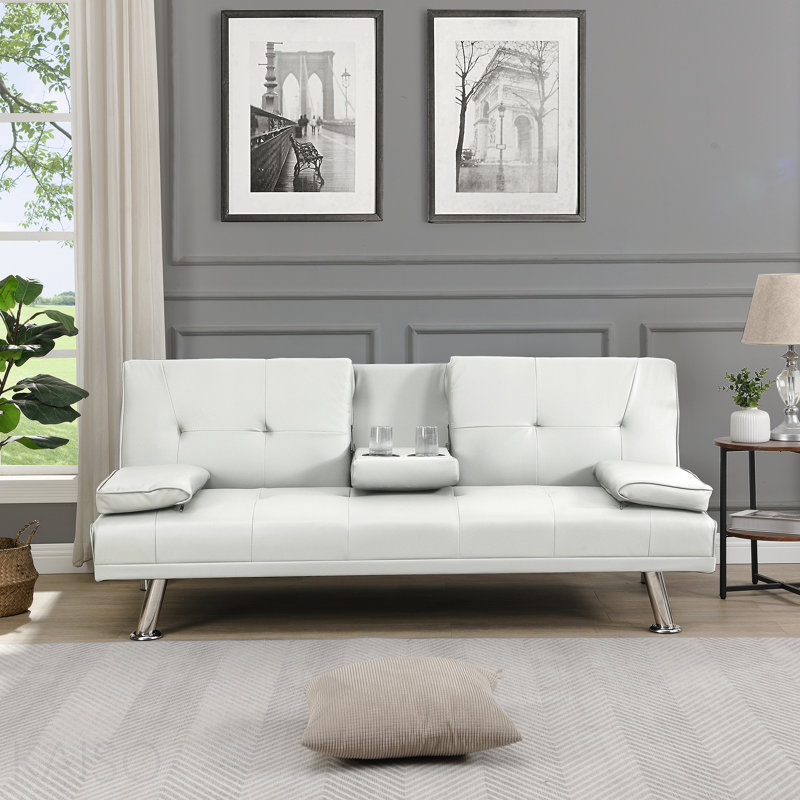 Canapé-lit avec accoudoirs à deux supports, structure en bois, pieds en acier inoxydable, futon blanc, PVC, White