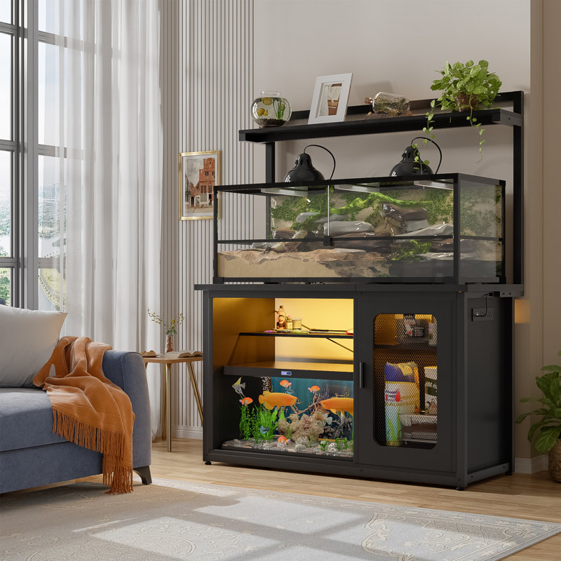 Reversible 55-75 Gallon Fish Tank Stand With Cabinet And Shelf, Black