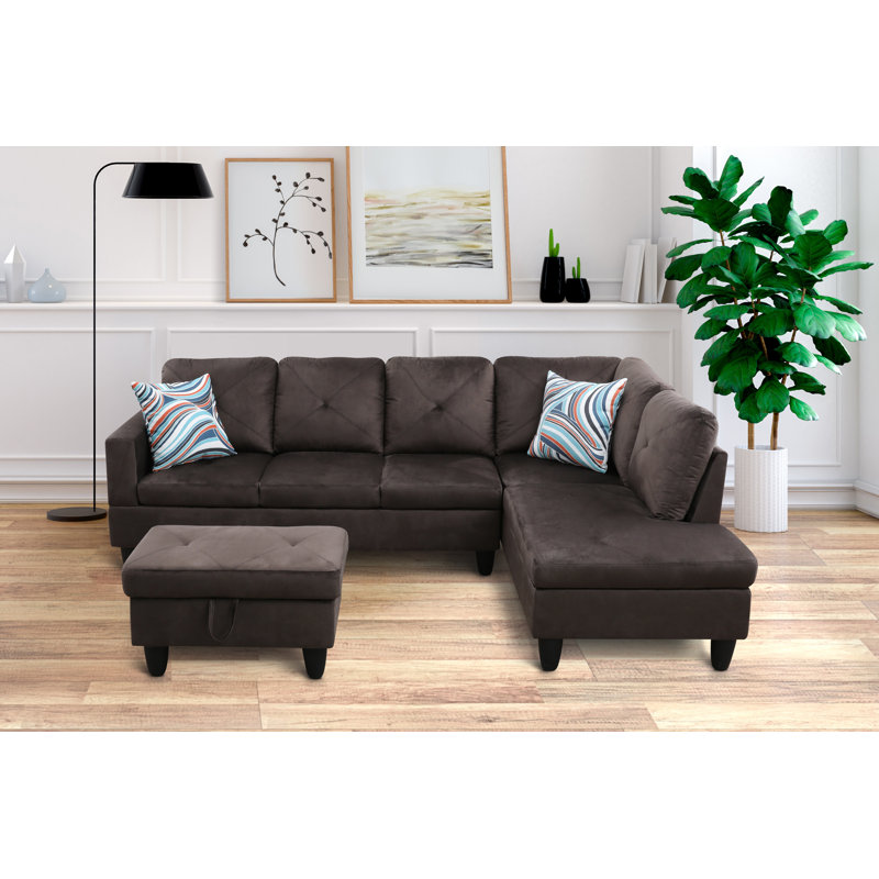 Stotfold Upholstered L-Shaped Sectional Right Hand Facing, Taupe Velvet, Right Hand Facing