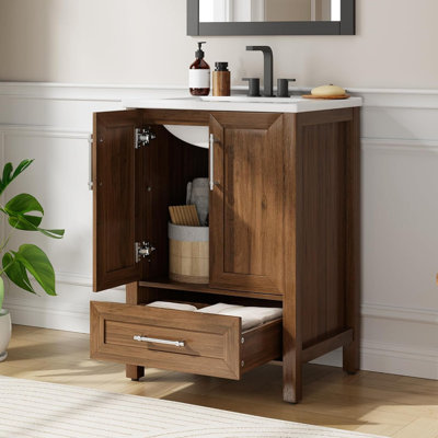 Meuble-lavabo autoportant avec lavabo en céramique intégré, portes à fermeture douce, poignée en métal, armoire de rangement en bois pour petits espaces (options de 16 à 36 pouces)