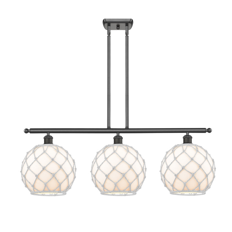 Luminaire suspendu linéaire à 3 lumières pour îlot de cuisine Hilbert, Ampoule non incluse, Verre blanc avec corde brune