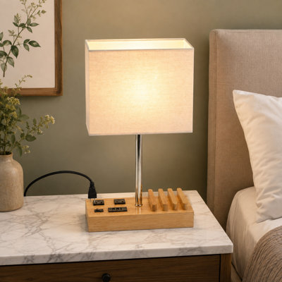 Multifunction Natural-Wood USB Table Lamp with 2 AC Outlets, 3 USB Charging Ports and Wooden Phone Stands for Bedroom Nightstand, Living Room and Office