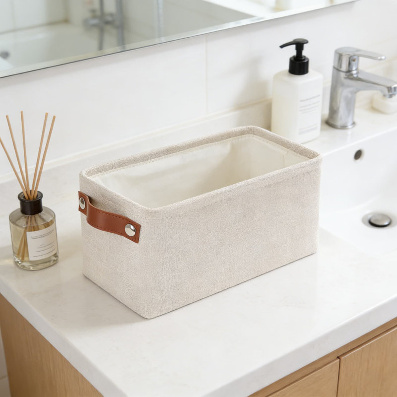 Panier de rangement étroit avec poignées en cuir, bac de rangement en tissu pour papier hygiénique, magazines et articles de bain essentiels