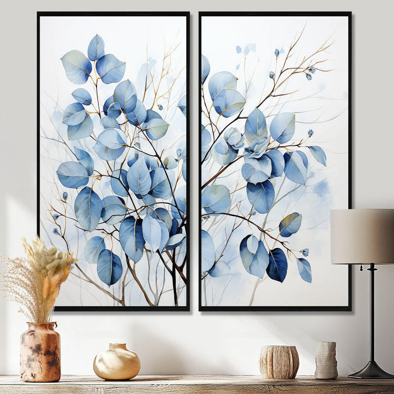 "Sureau", art traditionnel bleu sur toile, H 32 po x l 32 po, Impression encadrée flottante, Noir