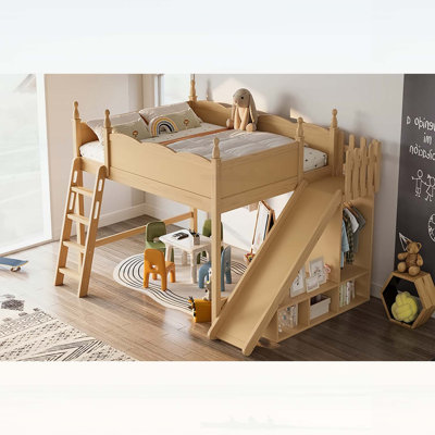 Grand lit mezzanine avec tablettes de rangement, garde-robe et glissière amovible, bois massif, aucun sommier nécessaire, finition naturelle
