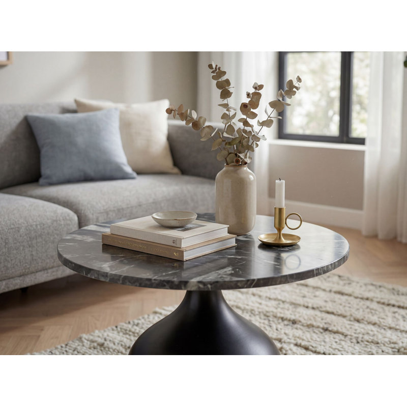 Round Marble Coffee Table with Aluminium Base, 41cm H x 60cm W x 60cm D, Black, Black