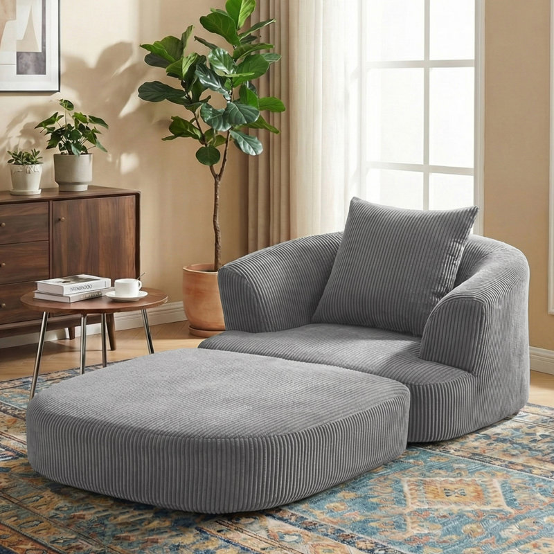 Fauteuil demi-tonneau d'appoint convertible surdimensionné rembourré, Velours côtelé gris