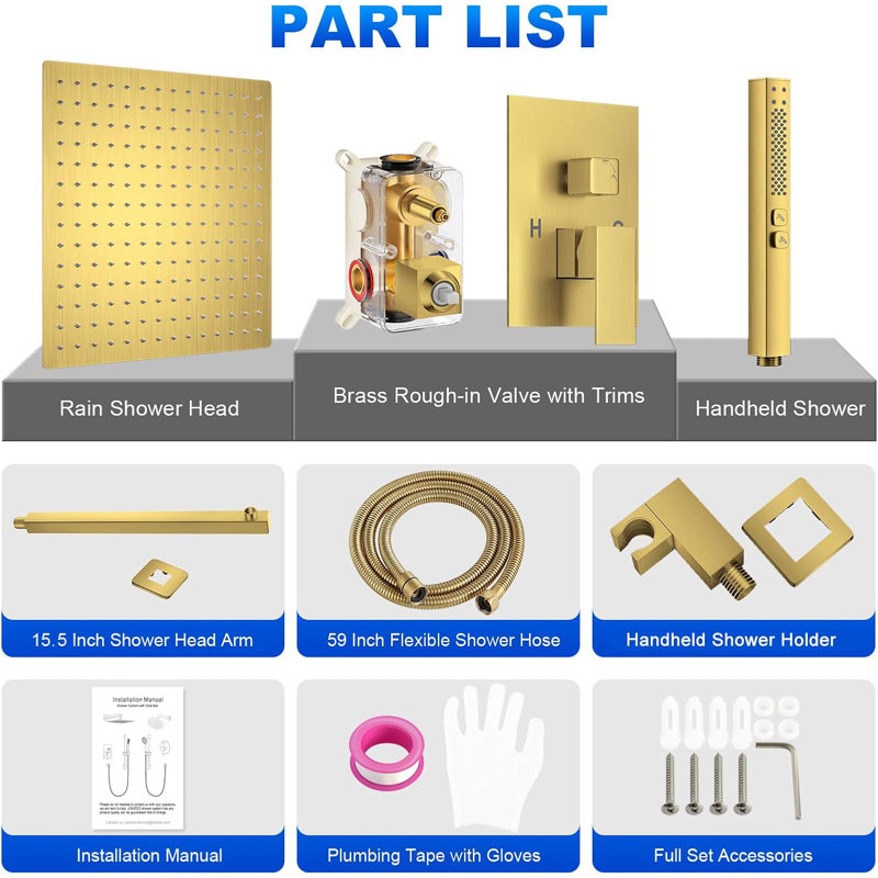 12 Inch Wall Mounted Rain Shower System With 2 In 1 Handheld Spray, Modern Square Shower Head And Pressure-Balanced Valve Trim Kit, Brushed Gold Finish