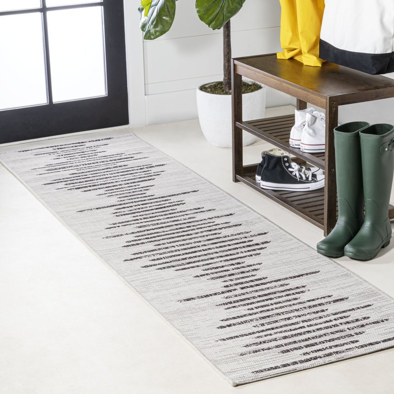 Exmore Berber Stripe Geometric Ivory/Black Indoor/Outdoor Rug, Runner 2'2" x 20'