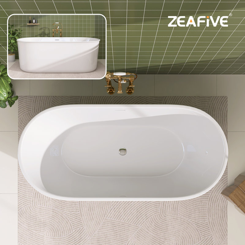 67" X 30.7" Freestanding Acrylic Glossy White Bathroom Tub Deep Soaking Bathtub With Overflow And Chrome Pop-up Drain