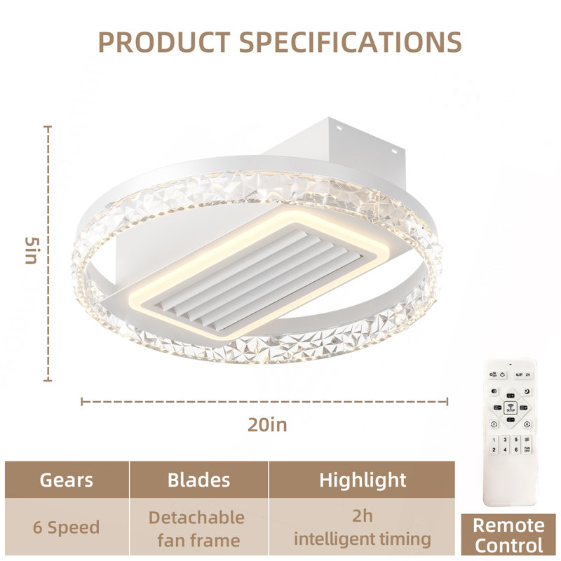 Ventilateur de plafond moderne sans feuille de 20 pouces avec moteur réversible amovible et lavable à télécommande, Blanc