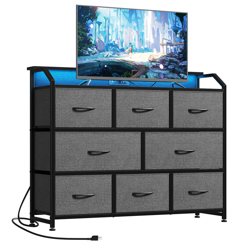 TV Stand with 8 Fabric Drawers & LED Lighting, Gray