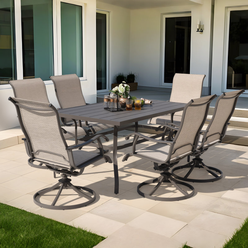 Patio 7 Pieces PVC-coated polyester Dining Set with Swivel Design, Umbrella Hole, 6