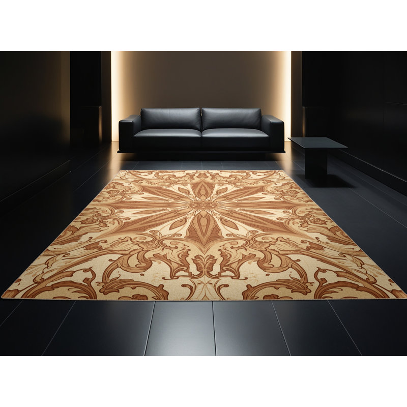 Soft Plush Bleeker Geometry Compass Design Classic Damask Area Rug in Brown – Beige Binding, 4x6