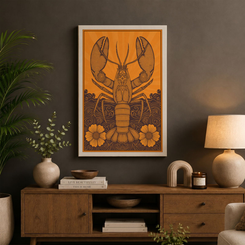 Lobster with Flowers Boho - Wrapped Canvas, 30x20 - 76.2 x 50.8 cm, White Border