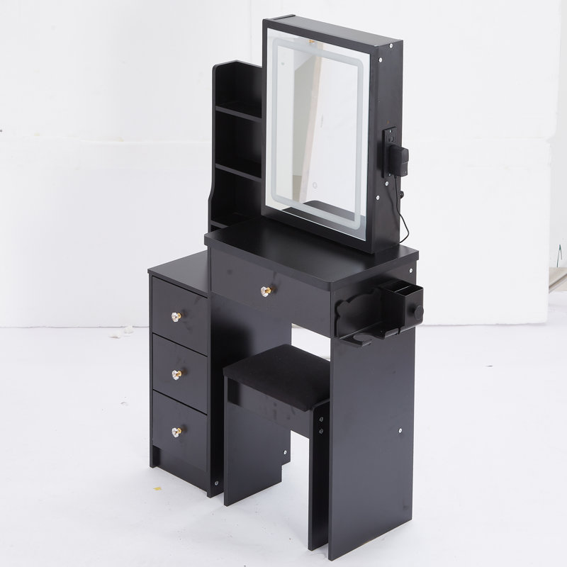 Table de coiffeuse 29,2 "avec tabouret rembourré, centrale électrique et miroir à DEL coulissant | Idée cadeau