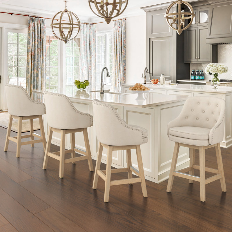 Chela Upholstered Button-Tufted Barstool With Solid Wood Frame, 4, Linen Fabric Seat/Natural Base