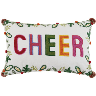 Colorful Holiday Cheer Embroidered Pillow with Pom Poms