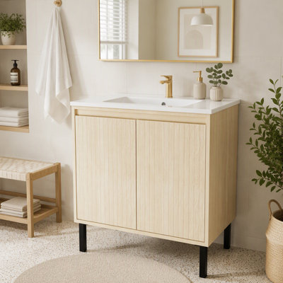 Meuble-lavabo moderne cannelé noir 43 po avec comptoir en marbre artificiel et lavabo, 3 trous de robinet, portes à fermeture en douceur