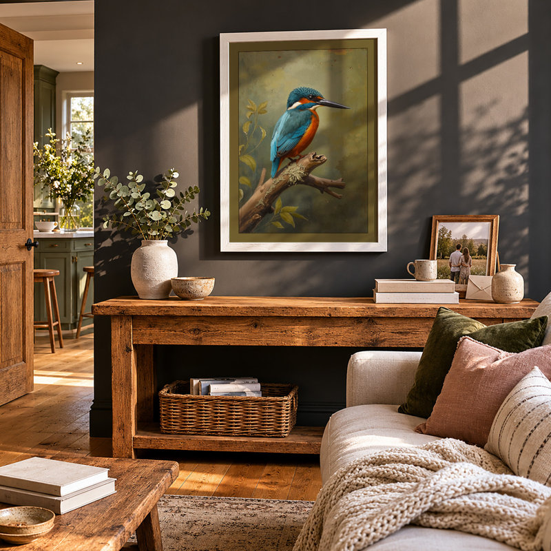 Kingfisher on Branch Japandi - Framed Print, A1 - 84.1 x 59.4 cm, White