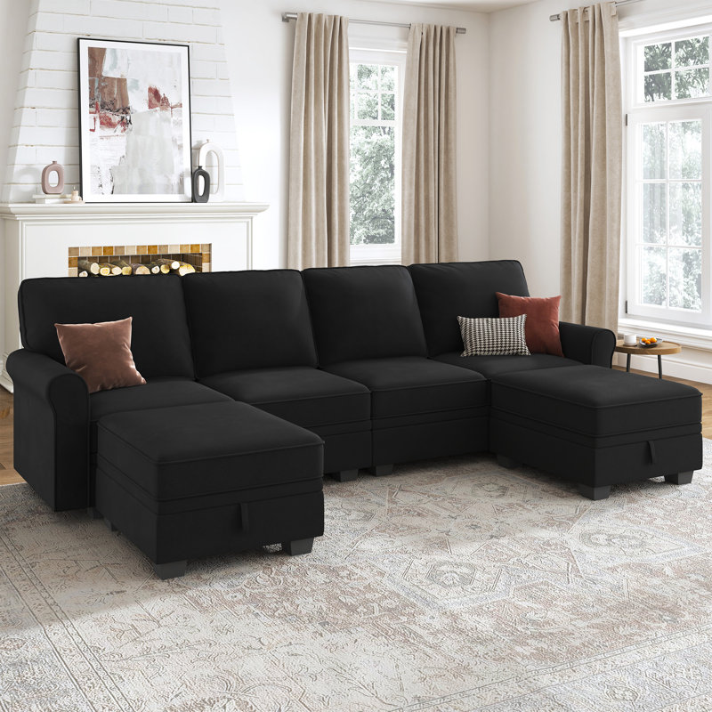 Canapé modulaire réversible en U avec rangement, Velours noir
