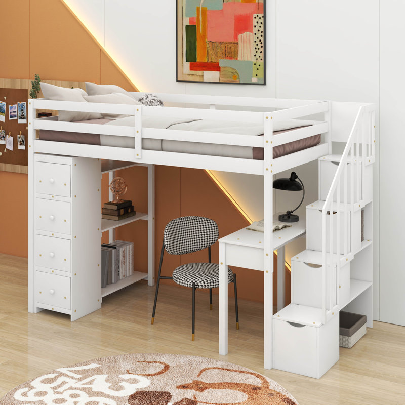 Twin Loft Bed With Drawers,Desk And Stairs, White
