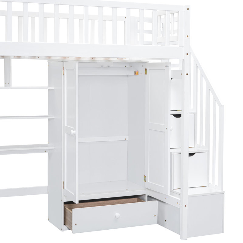 Lit mezzanine simple blanc avec bibliothèque, tiroirs, bureau et garde-robe. Fabrication robuste, fiable, robuste et robuste
