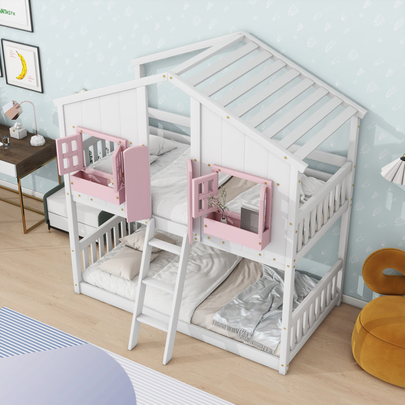 Berthoud Kids Twin Over Twin Bunk Bed, White/Pink