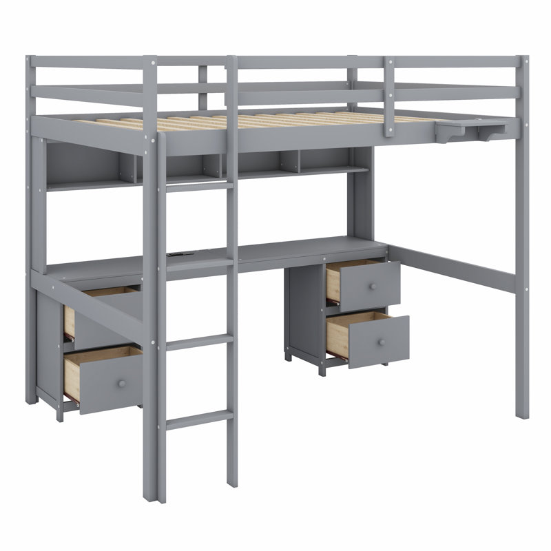 Loft Bed With Desk,Cabinets,Drawers And Bedside Tray,Charging Station, Gray