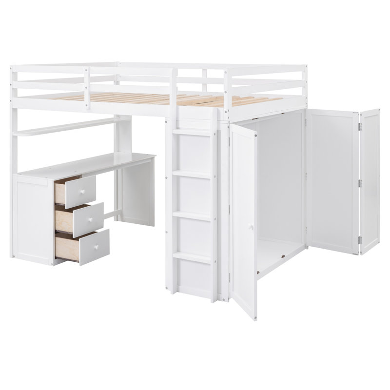 Lit mezzanine double blanc avec tiroirs, bureau et garde-robe - Chambre pour adolescents et fonctionnalités. Tiroirs de rangement, travail. Vêtements. Bois massif. L 78,3 po x l 56,7 po x H 65 po