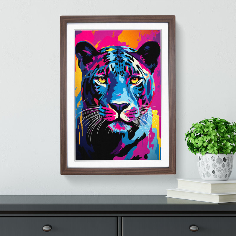 Panther Pop No.2 - Single Picture Frame Print on Wood, 46cm H x 34cm W x 2cm D, Walnut 