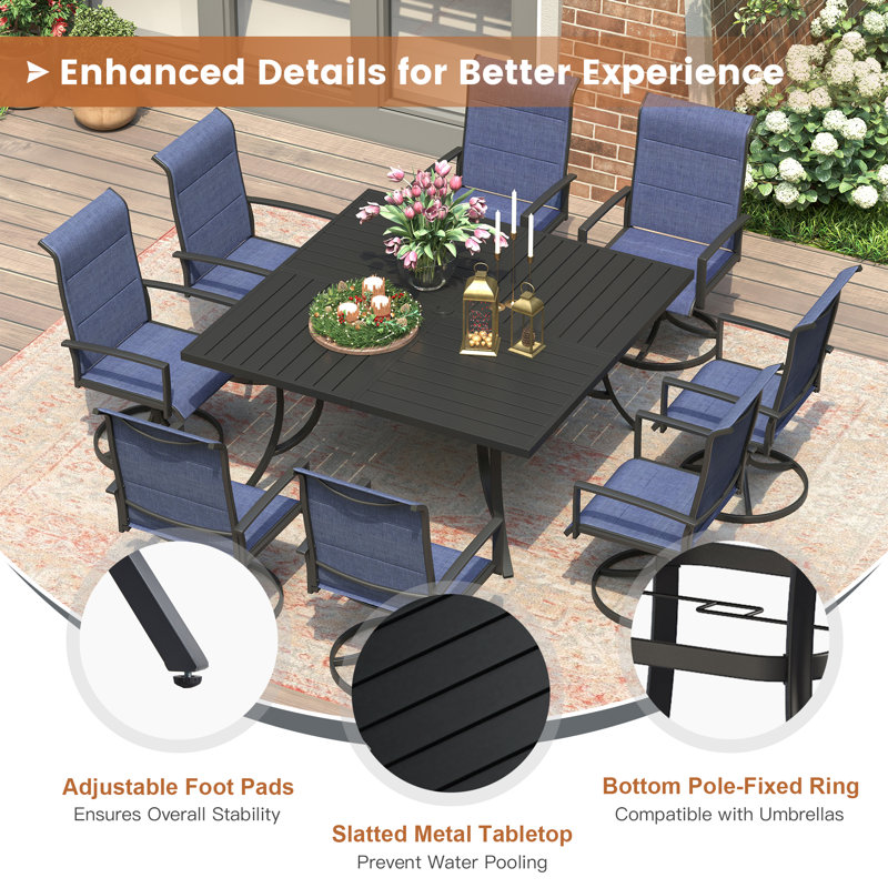 Patio Dining Set with 8 Padded Swivel Dining Chairs and 59" Square Dining Table, Black/Navy