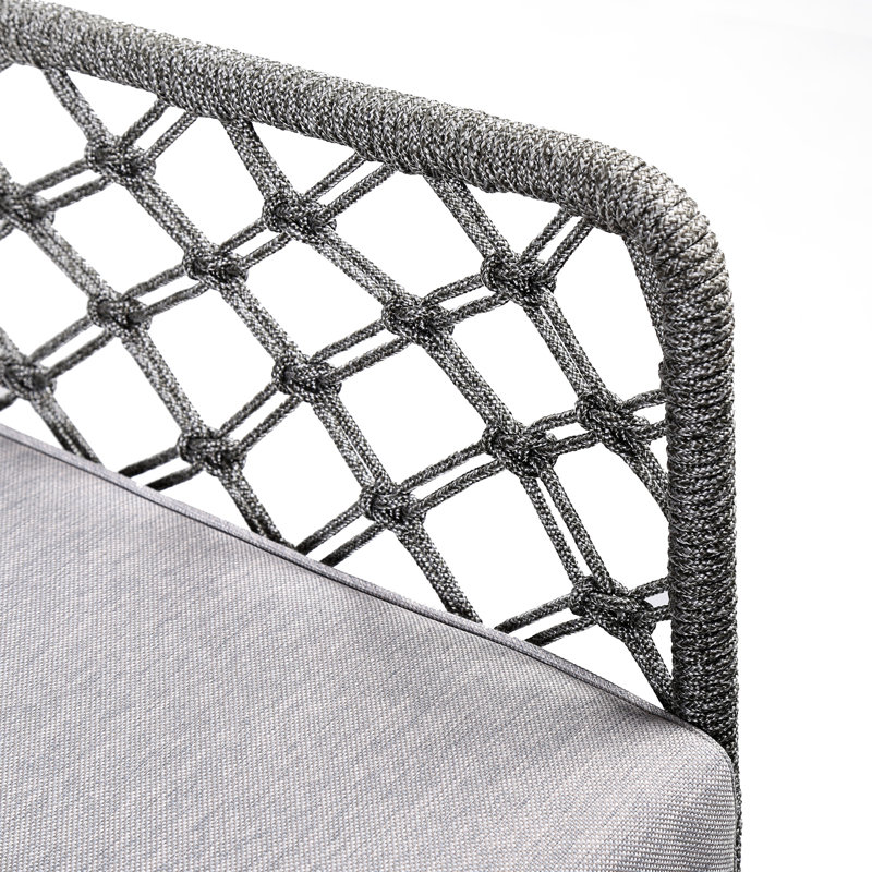 Méridienne en acier avec corde et coussin gris, 33 po de largeur, tissage distinctif, étapes d'assemblage simples pour l'intérieur et l'extérieur, 34 hauteurs, fabrication, choix de couleurs multiples