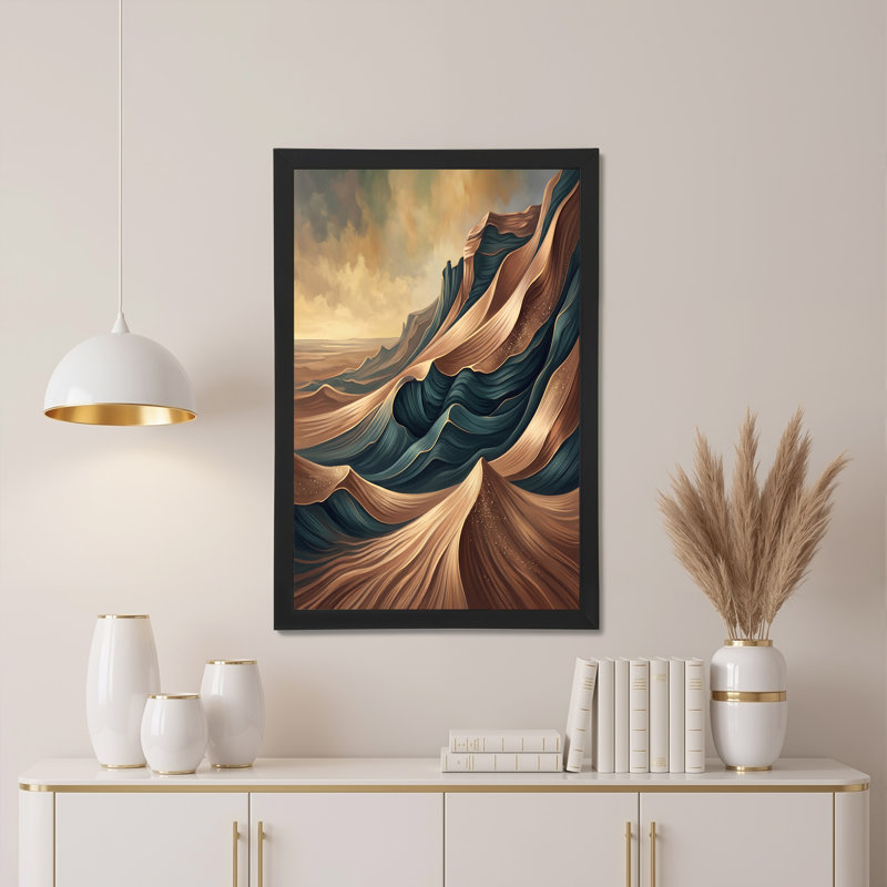 Toile abstraite, dunes de sable ondulées bleu sarcelle et brun, H 12 po x l 18 po