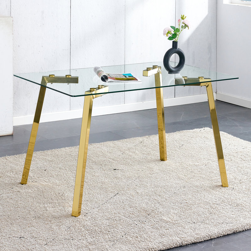 Table de salle à manger moderne en verre minimaliste avec support en métal trempé et doré pour les pieds supérieurs rectangulaires, Touch Home