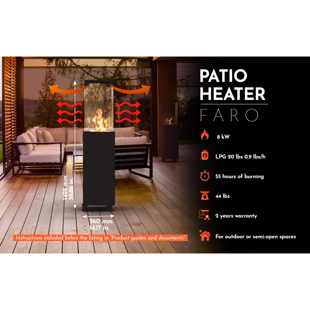 Faro - Portable Patio Heater - 8 KW Gas Propane Fireplace Outdoor, Garden (Black + Cover)