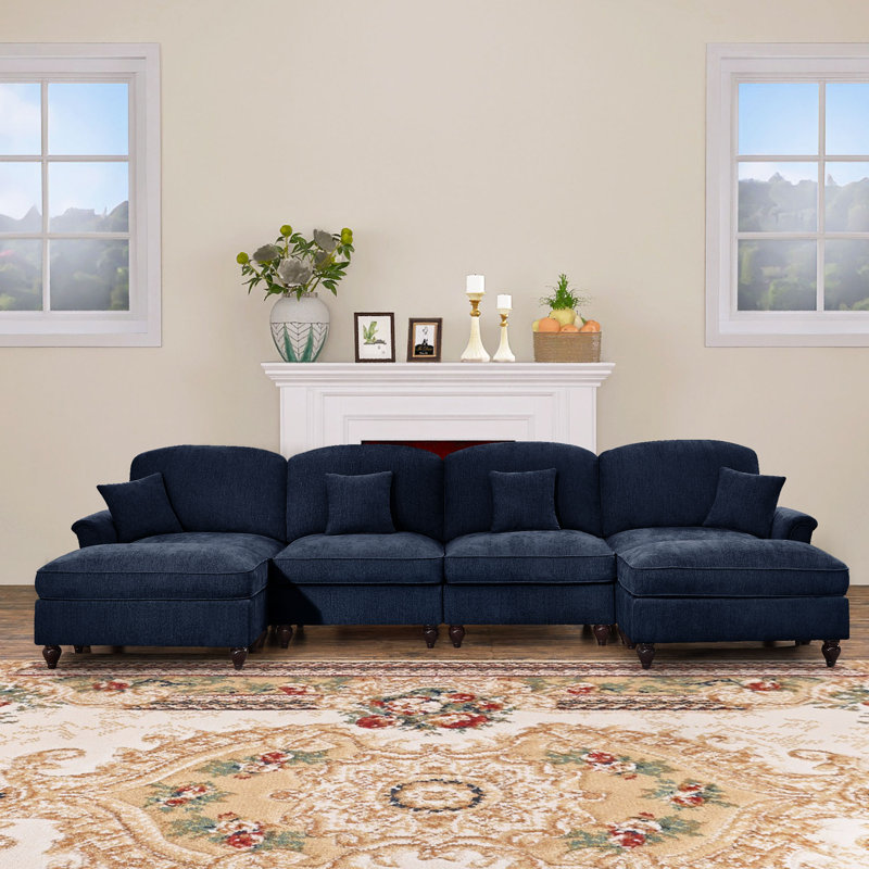 Mauralia 137.8"W Chenille 4 seater sofa with 2 Ottomans and Removable Ruffles Pleats Skirts and Spindle Legs, Blue Chenille