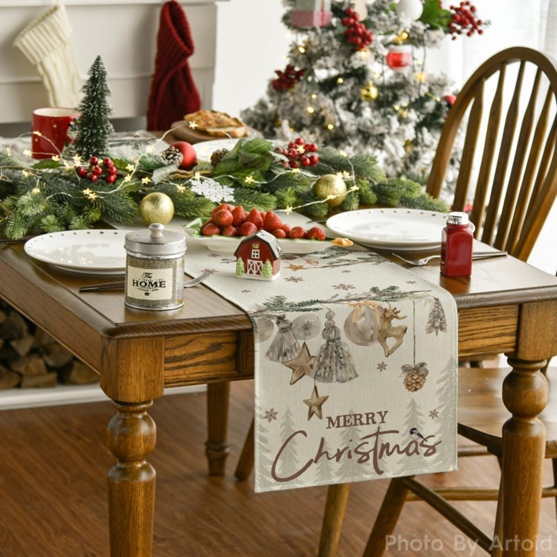 Xmas Pine Ornament Snowflake Merry Christmas Table Runner, Seasonal Winter Kitchen Dining Table Decoration For Home Party Decor