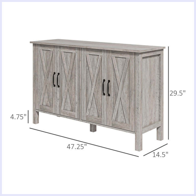 Buffet moderne avec 4 portes de grange et 2 tablettes réglables, Grain de bois gris