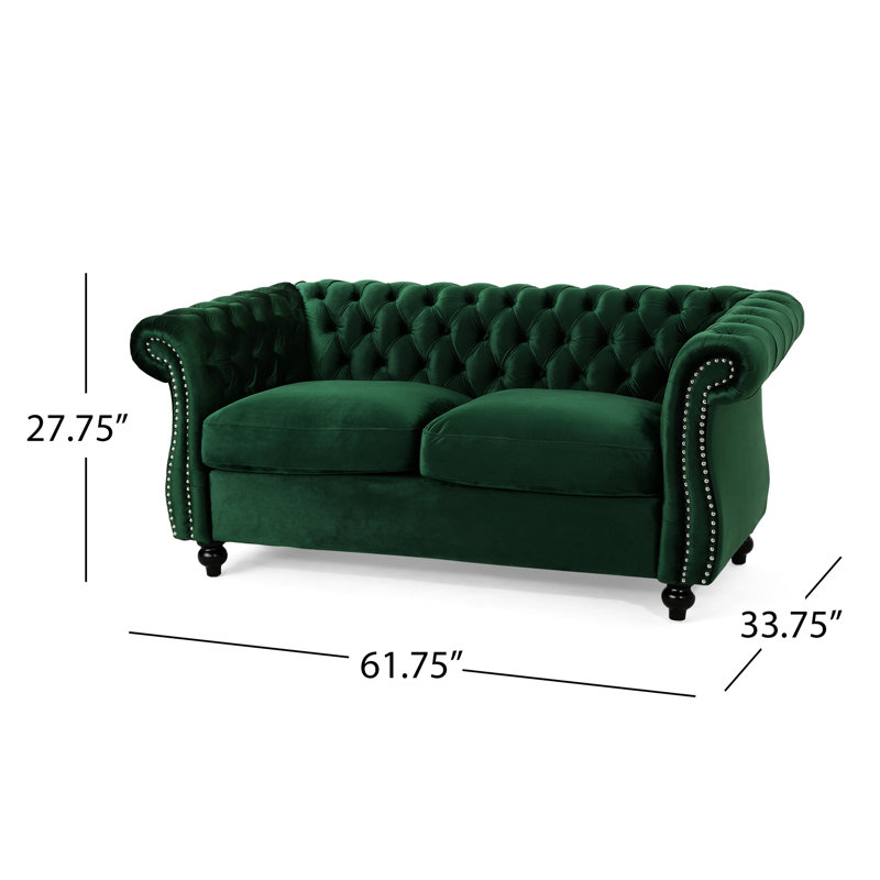 Moderne en velours, profond, garniture cloutée, accoudoirs roulés, l 62,05 po x P 33,09 po, H 28,53 po