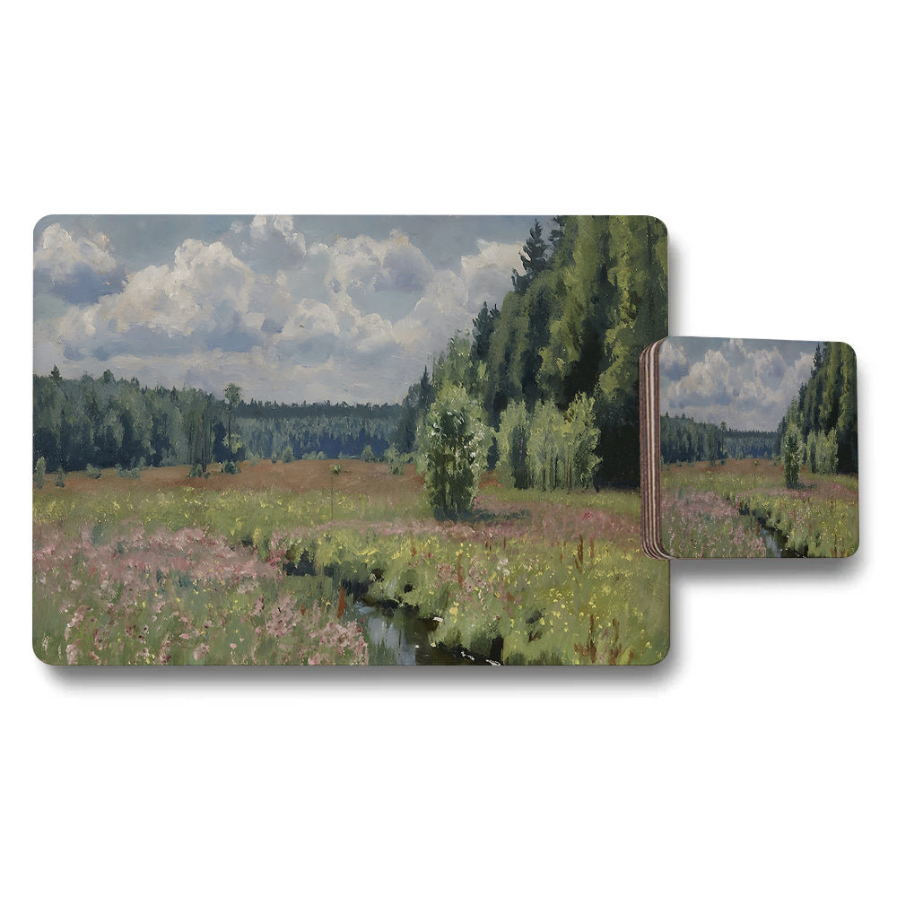 Impressionist Landscape Placemat And Coaster Set With Meadow Flowers