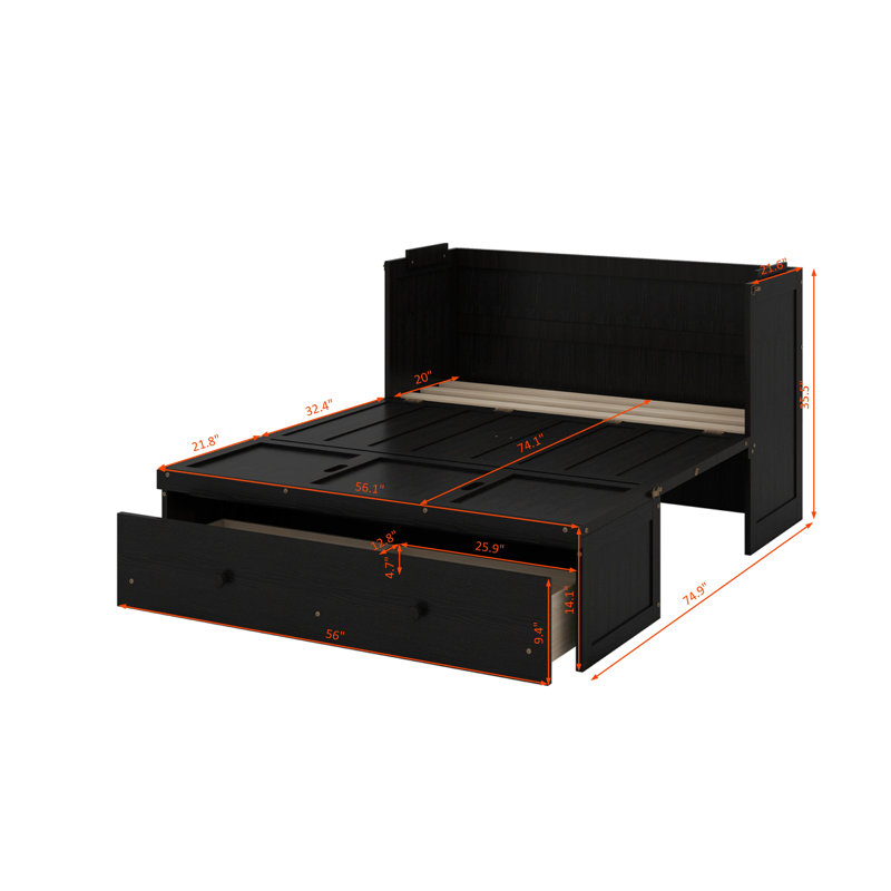 Lit escamotable double avec port USB et tiroir, Espresso