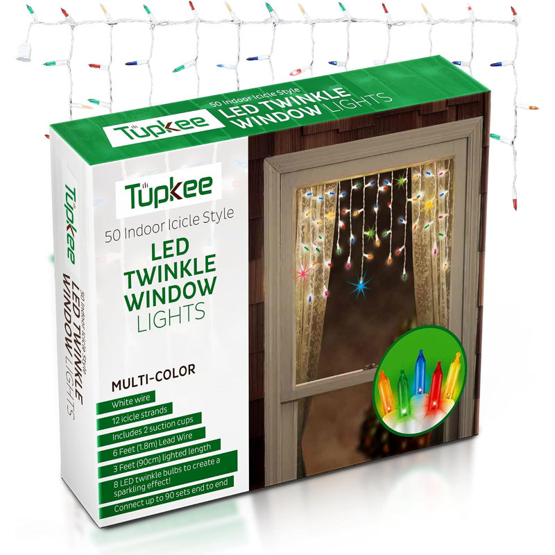 Christmas LED Twinkle Window Icicle Lights - 3-Ft, 8 Of 50 Bulbs Twinkle Random - 50 LED Multicolor Bulbs - Indoor Outdoor - Twinkling Icicle Christmas Lights