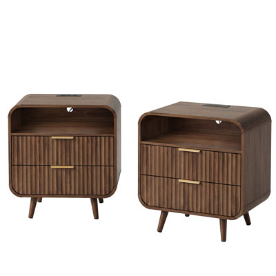 24" Arc Nightstand with Charging Station, LED Light, 2 Drawers, USB-C & USB-A Ports,Set of 2