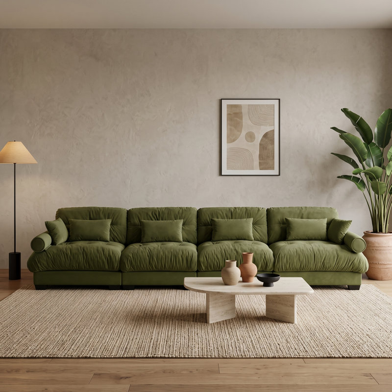 Canapé modulaire 4 places en velours vert, siège profond, dossier et coussins cylindriques., 4 Seat